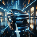 Một chiếc xe điện VinFast VF 8 màu xanh đang được lau khô sau khi phủ ceramic, bề mặt sơn bóng loáng và phản chiếu ánh đèn.