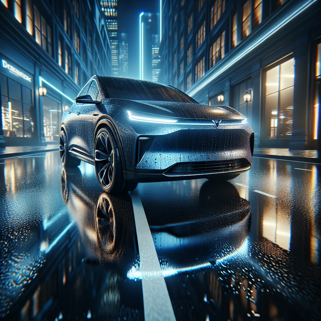 Một chiếc xe điện VinFast VF 8 màu xanh đang được lau khô sau khi phủ ceramic, bề mặt sơn bóng loáng và phản chiếu ánh đèn.