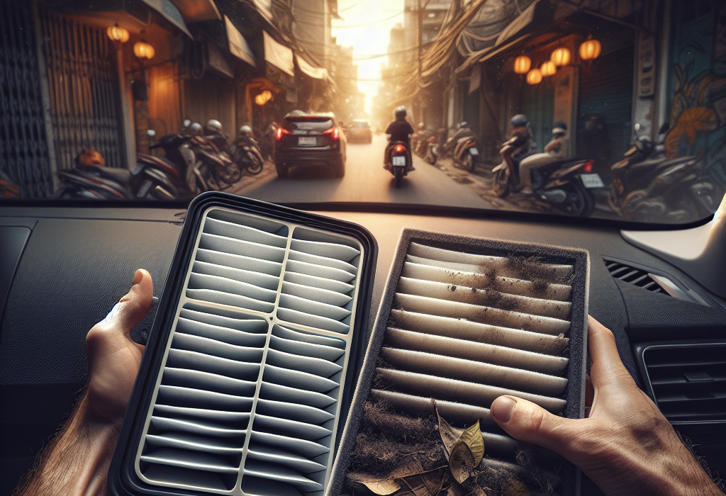 So sánh một bên là lọc gió cabin mới màu trắng tinh và một bên là lọc gió cabin cũ bám đầy bụi bẩn màu đen.