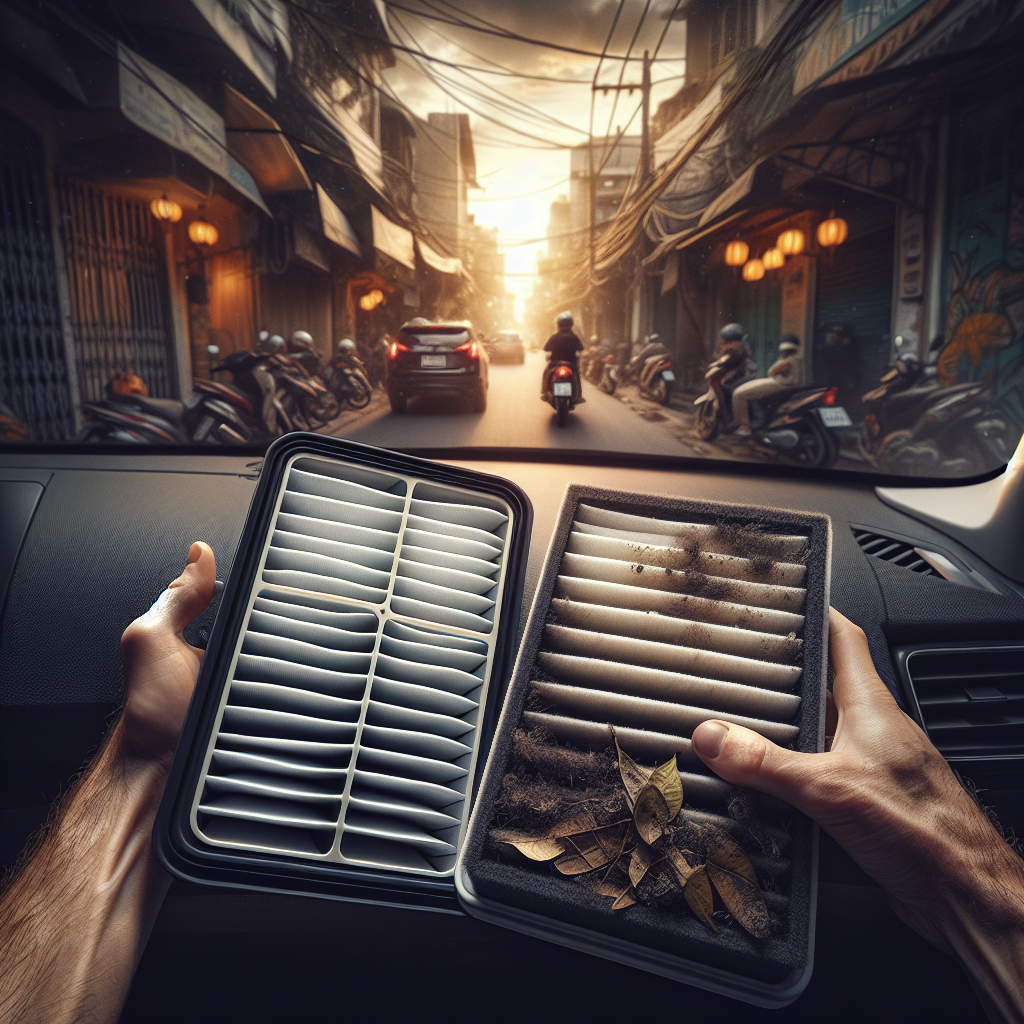 So sánh một bên là lọc gió cabin mới màu trắng tinh và một bên là lọc gió cabin cũ bám đầy bụi bẩn màu đen.