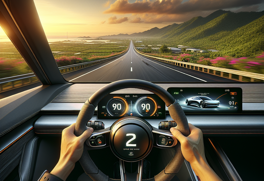 Vô lăng xe điện với các nút điều khiển Cruise Control được kích hoạt trên cao tốc.