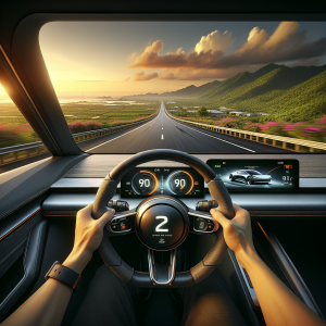 Vô lăng xe điện với các nút điều khiển Cruise Control được kích hoạt trên cao tốc.