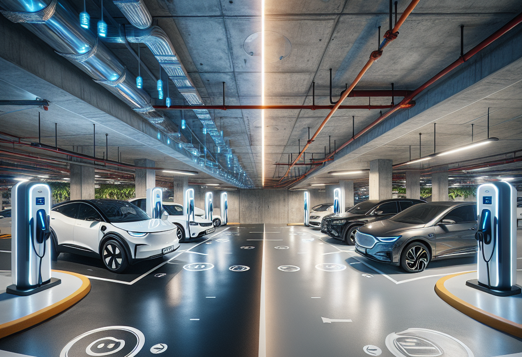 Một khu vực sạc xe điện hiện đại và an toàn trong hầm chung cư, có vách ngăn chống cháy và hệ thống sprinkler.