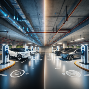 Một khu vực sạc xe điện hiện đại và an toàn trong hầm chung cư, có vách ngăn chống cháy và hệ thống sprinkler.