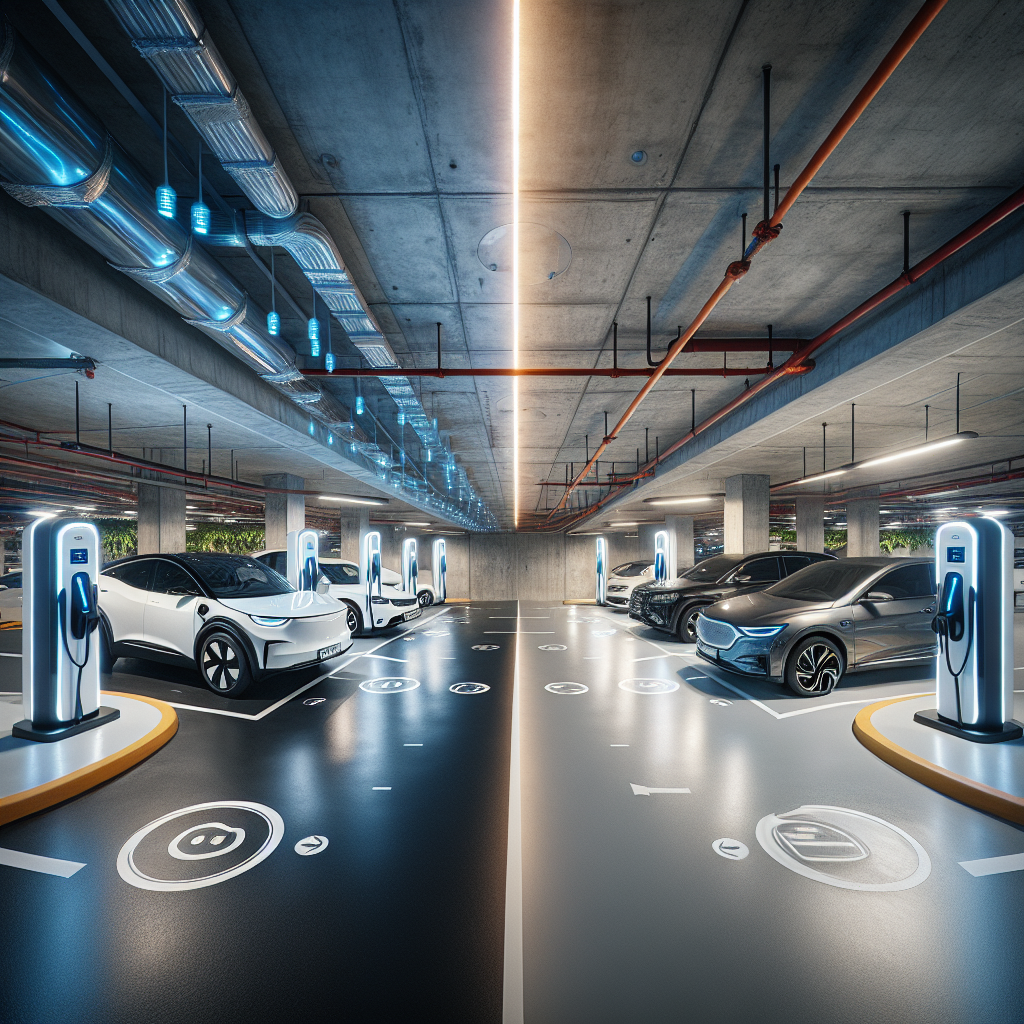 Một khu vực sạc xe điện hiện đại và an toàn trong hầm chung cư, có vách ngăn chống cháy và hệ thống sprinkler.