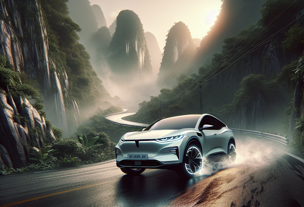 Xe điện VinFast VF 8 màu đỏ đang đổ đèo trên một con đường núi quanh co, có biển báo nguy hiểm đường dốc.