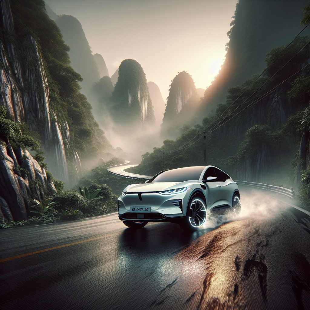 Xe điện VinFast VF 8 màu đỏ đang đổ đèo trên một con đường núi quanh co, có biển báo nguy hiểm đường dốc.