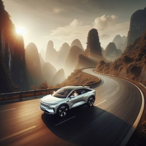 Một chiếc xe điện màu trắng đang đổ đèo trên con đường núi uốn lượn, có bảng điều khiển hiển thị mức pin và dòng năng lượng tái tạo.