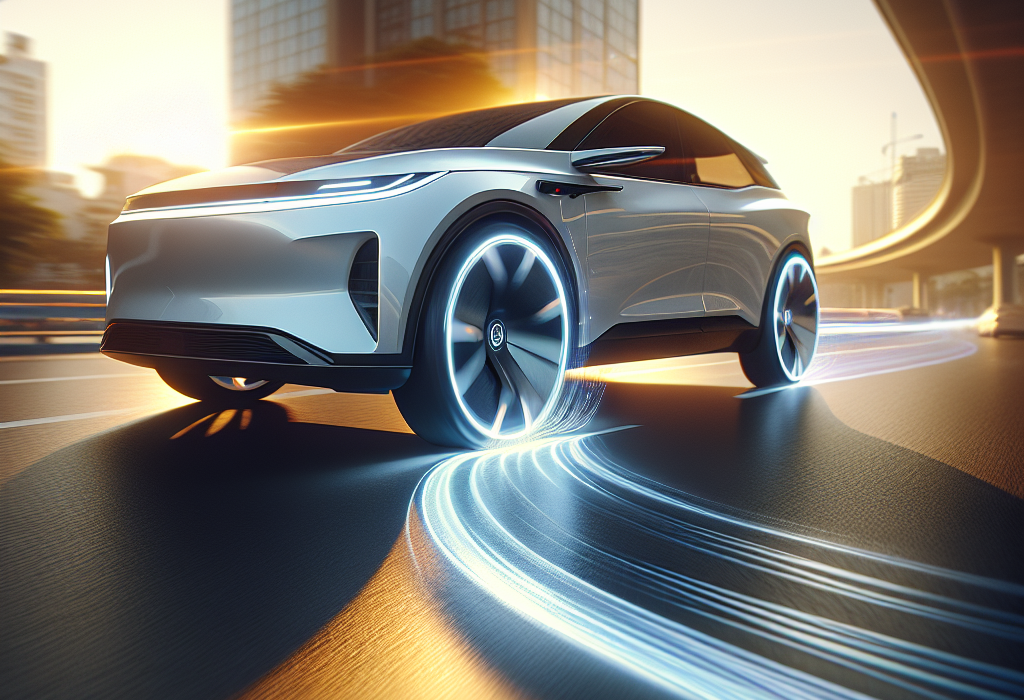 Một chiếc lốp xe điện chuyên dụng đang được lắp vào một chiếc xe điện màu trắng trong xưởng dịch vụ.