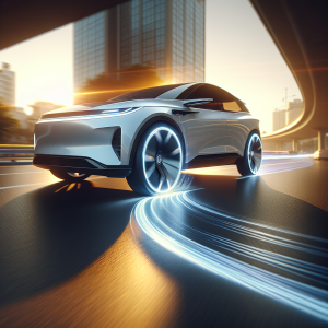 Một chiếc lốp xe điện chuyên dụng đang được lắp vào một chiếc xe điện màu trắng trong xưởng dịch vụ.