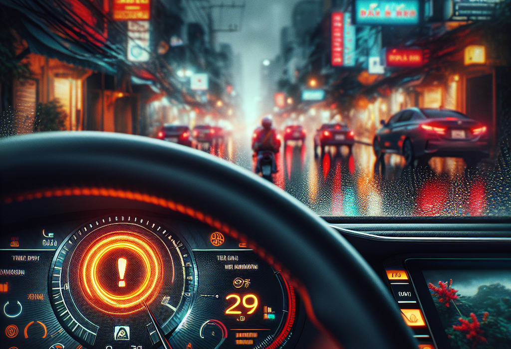 Cận cảnh đèn cảnh báo cảm biến áp suất lốp (TPMS) màu vàng đang sáng trên bảng điều khiển của một chiếc ô tô hiện đại.