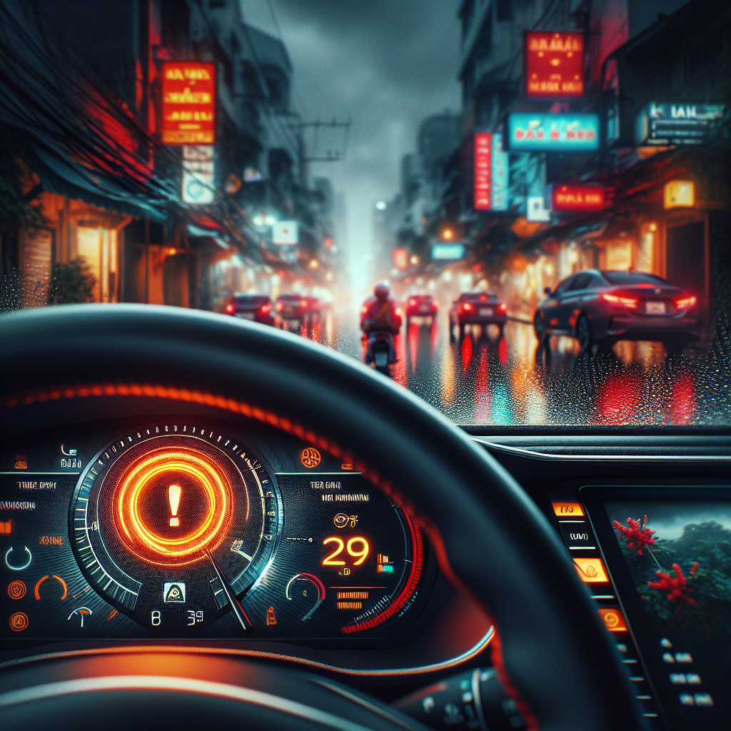 Cận cảnh đèn cảnh báo cảm biến áp suất lốp (TPMS) màu vàng đang sáng trên bảng điều khiển của một chiếc ô tô hiện đại.