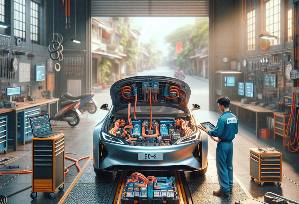 Một kỹ sư đang kiểm tra một bộ pin xe điện trên bàn làm việc trong xưởng.