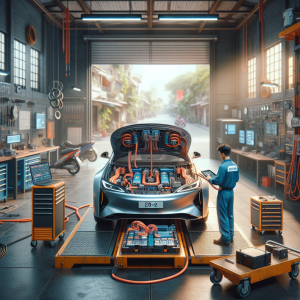 Một kỹ sư đang kiểm tra một bộ pin xe điện trên bàn làm việc trong xưởng.