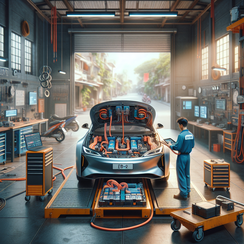 Một kỹ sư đang kiểm tra một bộ pin xe điện trên bàn làm việc trong xưởng.