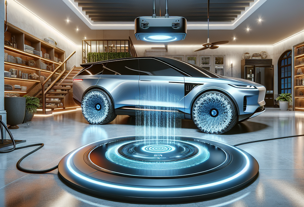 Một chiếc xe điện đang đỗ trên tấm sạc không dây phát sáng trong gara hiện đại.