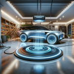 Một chiếc xe điện đang đỗ trên tấm sạc không dây phát sáng trong gara hiện đại.