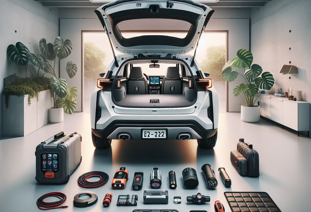 Một bộ phụ kiện xe hơi thiết yếu được sắp xếp gọn gàng trong cốp xe, bao gồm bơm lốp, bộ kích bình, và camera hành trình.