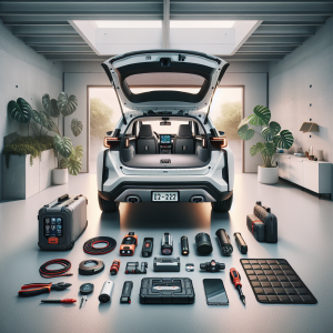 Một bộ phụ kiện xe hơi thiết yếu được sắp xếp gọn gàng trong cốp xe, bao gồm bơm lốp, bộ kích bình, và camera hành trình.