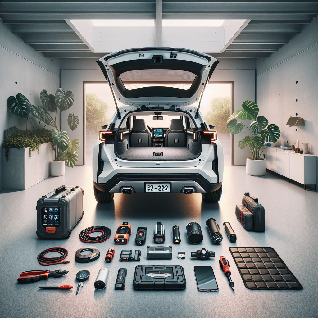 Một bộ phụ kiện xe hơi thiết yếu được sắp xếp gọn gàng trong cốp xe, bao gồm bơm lốp, bộ kích bình, và camera hành trình.