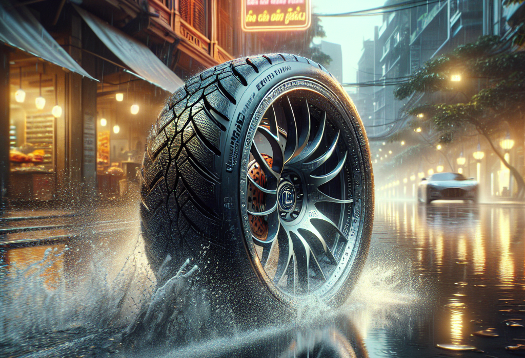 Một chiếc xe điện đang chạy trên đường mưa, nước bắn lên từ bánh xe, cận cảnh vào lốp xe có gai sâu.
