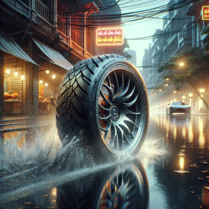Một chiếc xe điện đang chạy trên đường mưa, nước bắn lên từ bánh xe, cận cảnh vào lốp xe có gai sâu.