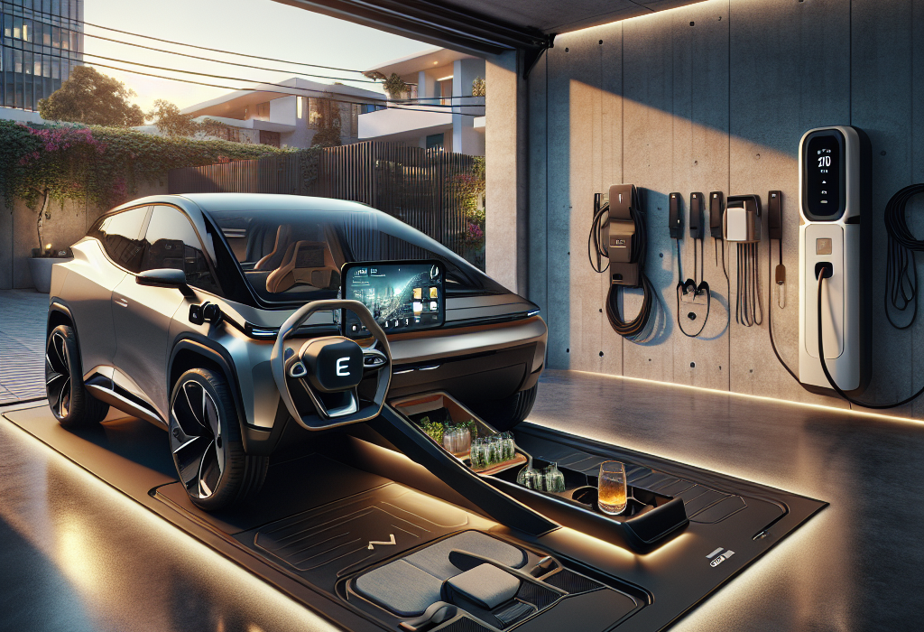 Nội thất một chiếc xe điện hiện đại được trang bị các phụ kiện như thảm lót sàn, giá đỡ điện thoại và khay đựng đồ trung tâm.