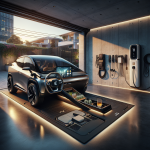 Nội thất một chiếc xe điện hiện đại được trang bị các phụ kiện như thảm lót sàn, giá đỡ điện thoại và khay đựng đồ trung tâm.