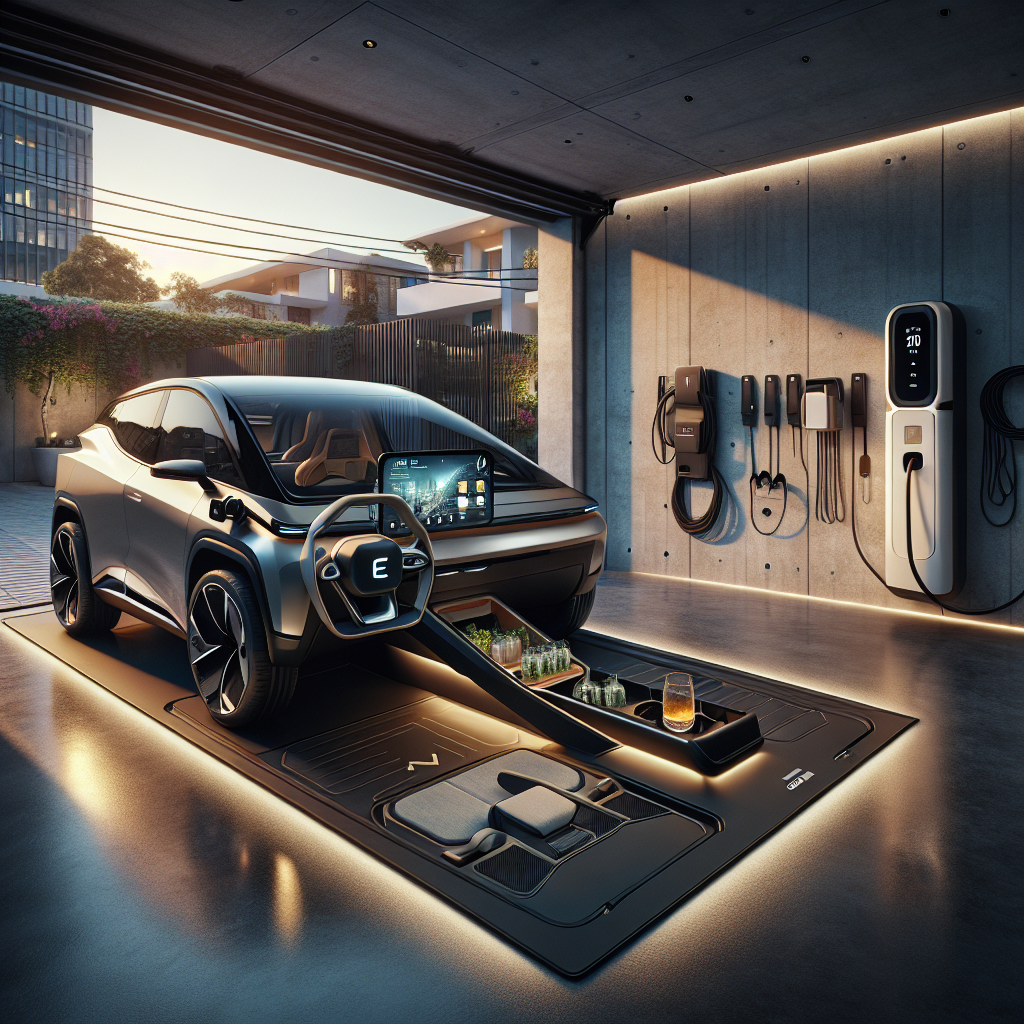 Nội thất một chiếc xe điện hiện đại được trang bị các phụ kiện như thảm lót sàn, giá đỡ điện thoại và khay đựng đồ trung tâm.