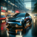 Chiếc VinFast VF 8 màu trắng được lắp đặt bộ body kit thể thao màu đen, hạ gầm, đang đỗ trong studio.