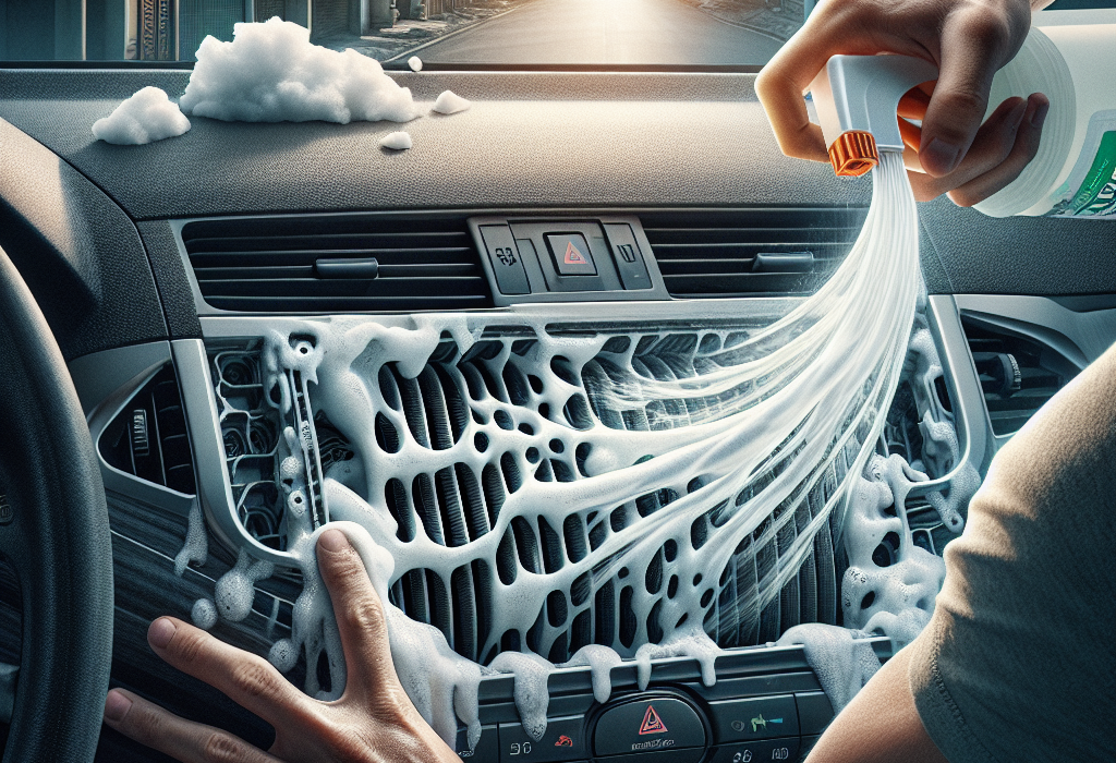 Kỹ thuật viên đang sử dụng chai xịt dạng bọt để vệ sinh dàn lạnh điều hòa ô tô qua hộc chứa lọc gió.