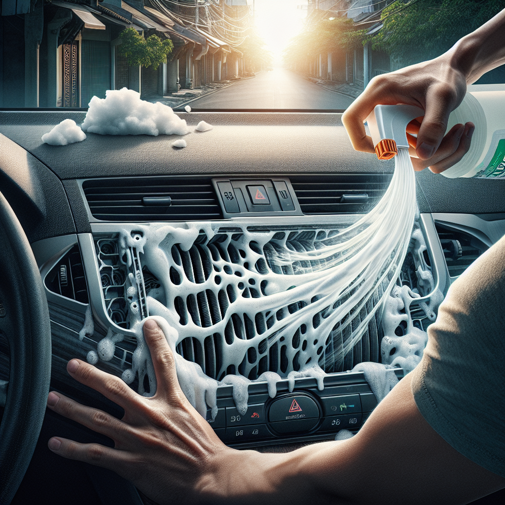 Kỹ thuật viên đang sử dụng chai xịt dạng bọt để vệ sinh dàn lạnh điều hòa ô tô qua hộc chứa lọc gió.