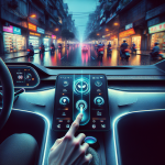 Một người dùng đang thao tác trên màn hình cảm ứng lớn của xe điện VinFast, hiển thị giao diện các ứng dụng.