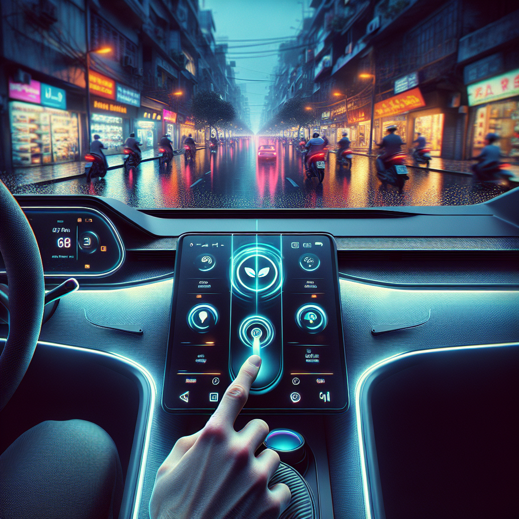 Một người dùng đang thao tác trên màn hình cảm ứng lớn của xe điện VinFast, hiển thị giao diện các ứng dụng.