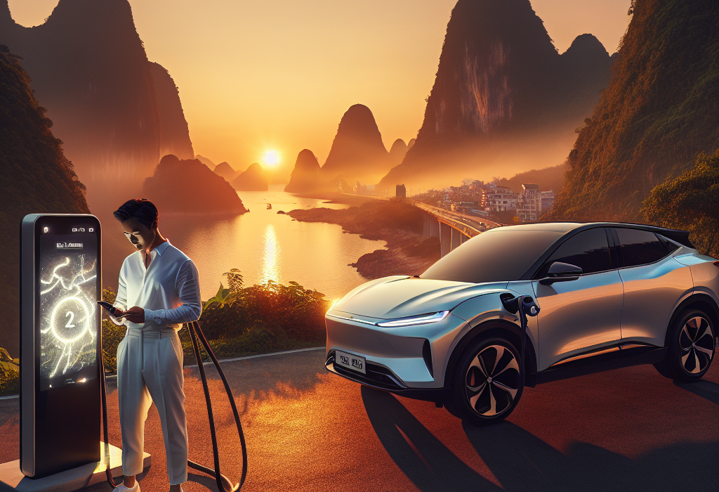 Một chiếc xe điện VinFast đang sạc tại trạm sạc nhanh trên cao tốc.