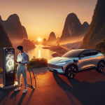 Một chiếc xe điện VinFast đang sạc tại trạm sạc nhanh trên cao tốc.