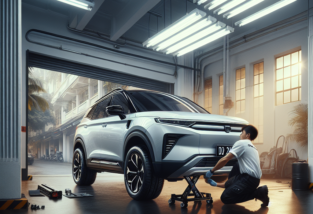 Bệ bước chân điện tự động mở ra từ bên hông một chiếc SUV điện VinFast VF 9 màu xám đang đỗ trong showroom.