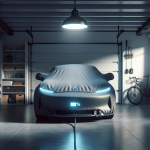 Hình ảnh cận cảnh một cổng sạc xe điện đang được cắm sạc, nền mờ là chiếc xe hơi hiện đại.