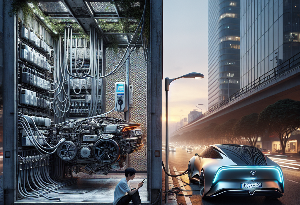 Trạm đổi pin xe điện tự động với cánh tay robot đang thay thế pin cho một chiếc ô tô.