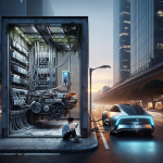 Trạm đổi pin xe điện tự động với cánh tay robot đang thay thế pin cho một chiếc ô tô.