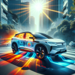 Một chiếc xe điện VinFast VF 8 màu trắng đang được dán phim cách nhiệt trong gara chuyên nghiệp.