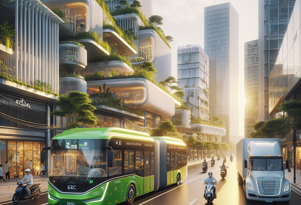 Một chiếc xe bus điện VinBus màu xanh đang sạc điện tại một trạm sạc hiện đại vào ban đêm.