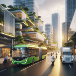 Một chiếc xe bus điện VinBus màu xanh đang sạc điện tại một trạm sạc hiện đại vào ban đêm.