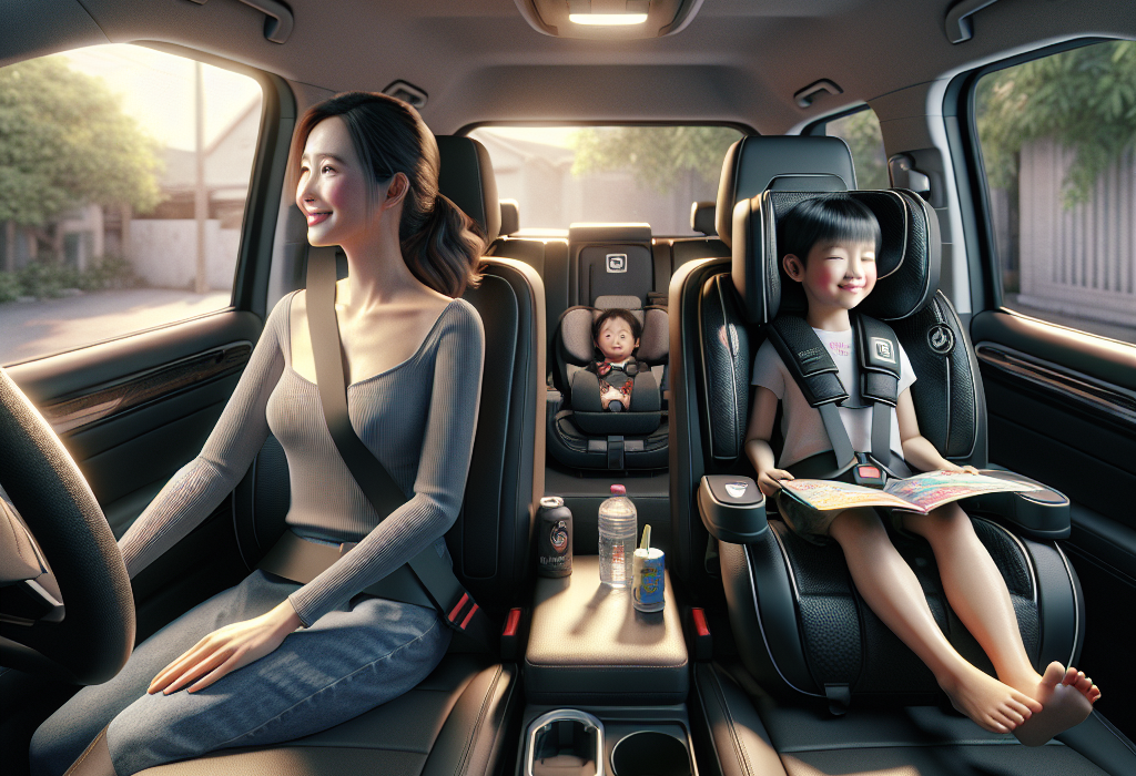 Nội thất xe hơi hiện đại với ghế bọc da và một chiếc ghế trẻ em được lắp đặt ở hàng sau.