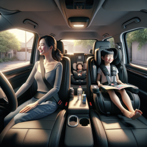 Nội thất xe hơi hiện đại với ghế bọc da và một chiếc ghế trẻ em được lắp đặt ở hàng sau.