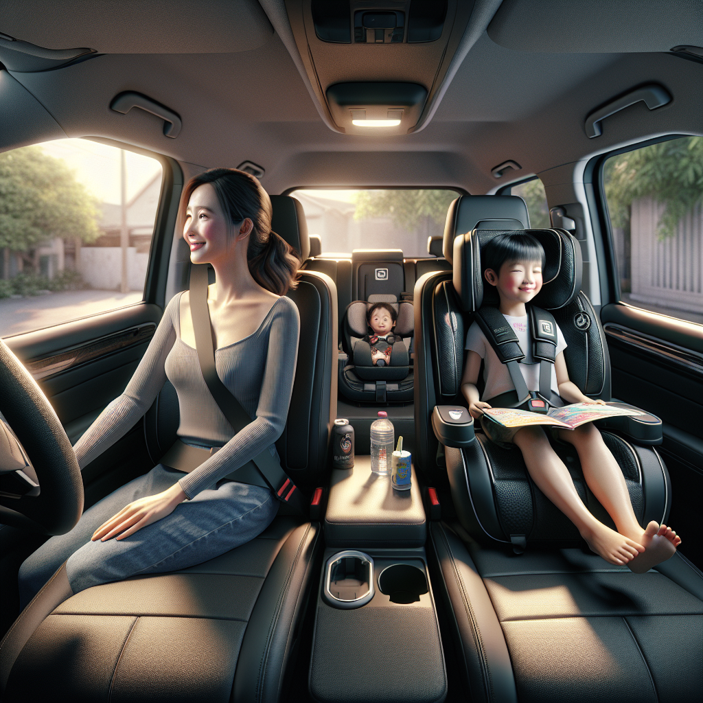 Nội thất xe hơi hiện đại với ghế bọc da và một chiếc ghế trẻ em được lắp đặt ở hàng sau.