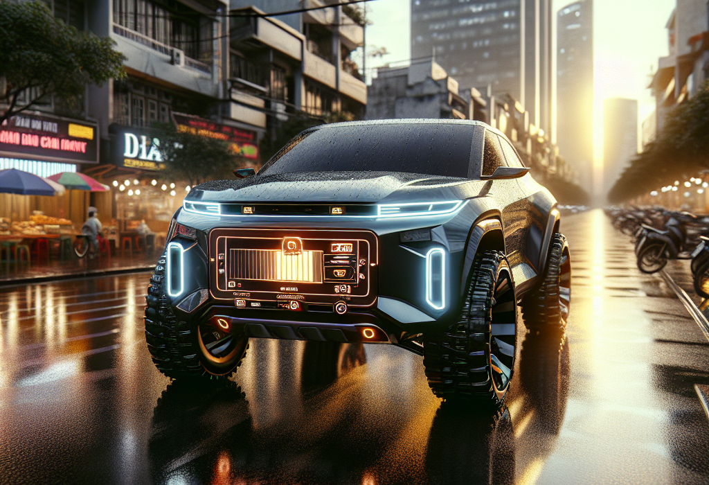 Một chiếc xe điện VinFast VF 8 màu xám được nâng gầm, đứng trên địa hình đất đá.