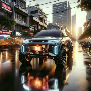 Một chiếc xe điện VinFast VF 8 màu xám được nâng gầm, đứng trên địa hình đất đá.