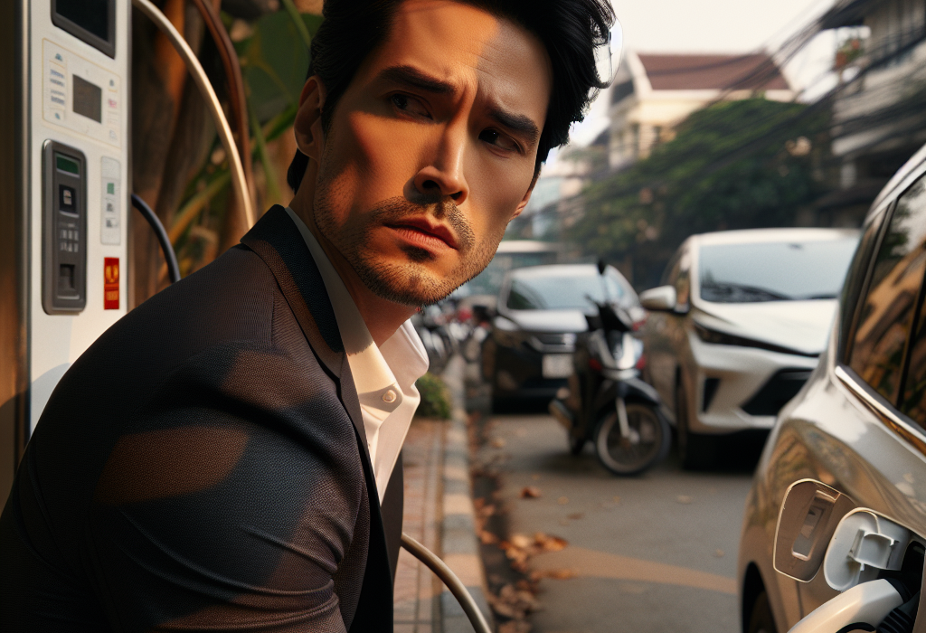 Một người đang cố gắng rút súng sạc CCS2 ra khỏi cổng sạc của một chiếc xe điện VinFast màu xanh.