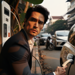 Một người đang cố gắng rút súng sạc CCS2 ra khỏi cổng sạc của một chiếc xe điện VinFast màu xanh.